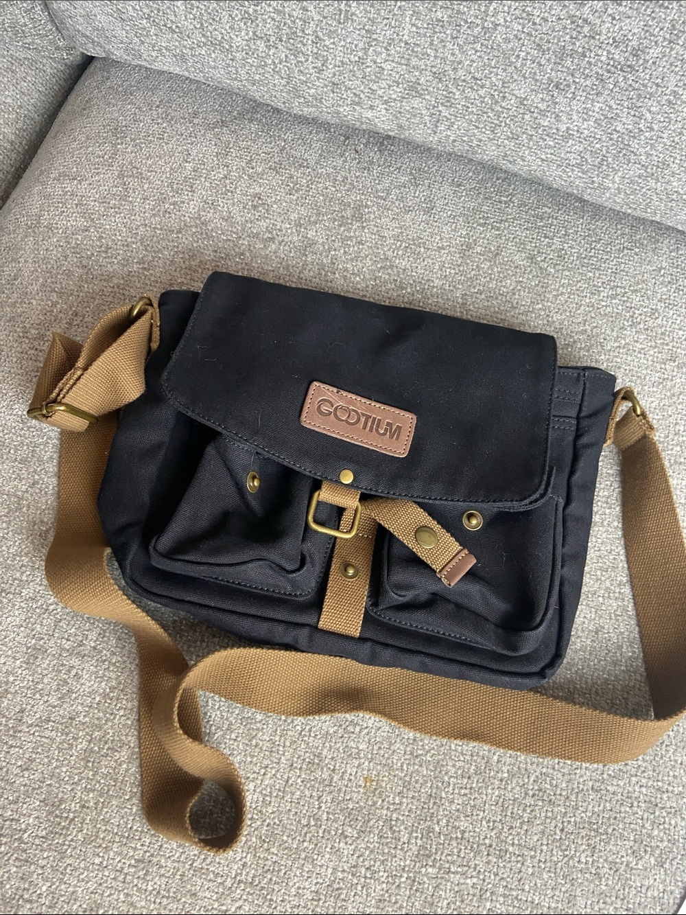 Gootium Black Canvas Messenger Bag with Tan Strap and Leather Accent
